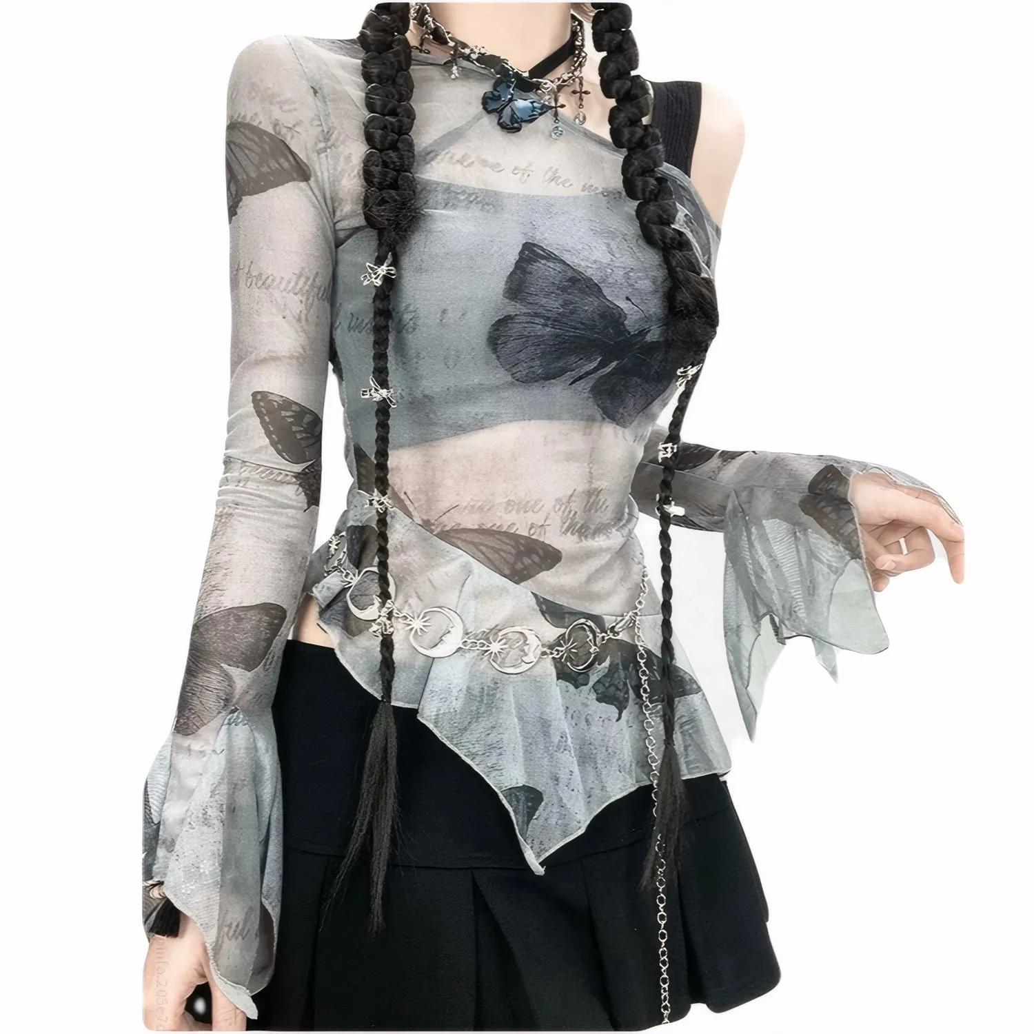 Y2K Sexy Sheer Mesh Butterfly Print Top Asymmetric Off-Shoulder Slim Fit See-Through Ruffle Sleeve Tee for Women
