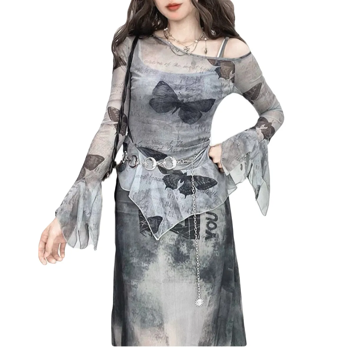 Y2K Sexy Sheer Mesh Butterfly Print Top Asymmetric Off-Shoulder Slim Fit See-Through Ruffle Sleeve Tee for Women