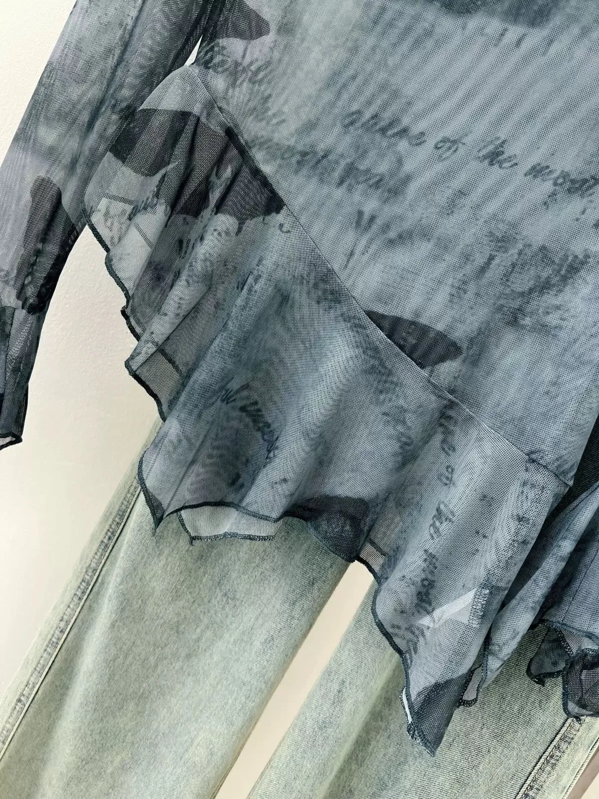 Y2K Sexy Sheer Mesh Butterfly Print Top Asymmetric Off-Shoulder Slim Fit See-Through Ruffle Sleeve Tee for Women