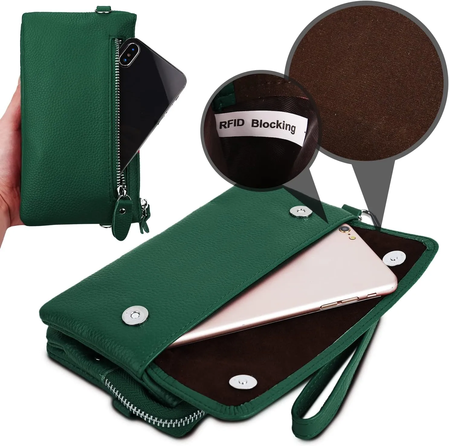 YALUXE Real Leather Wristlet Clutch Handbag Crossbody Bag Cellphone Purse RFID Blocking