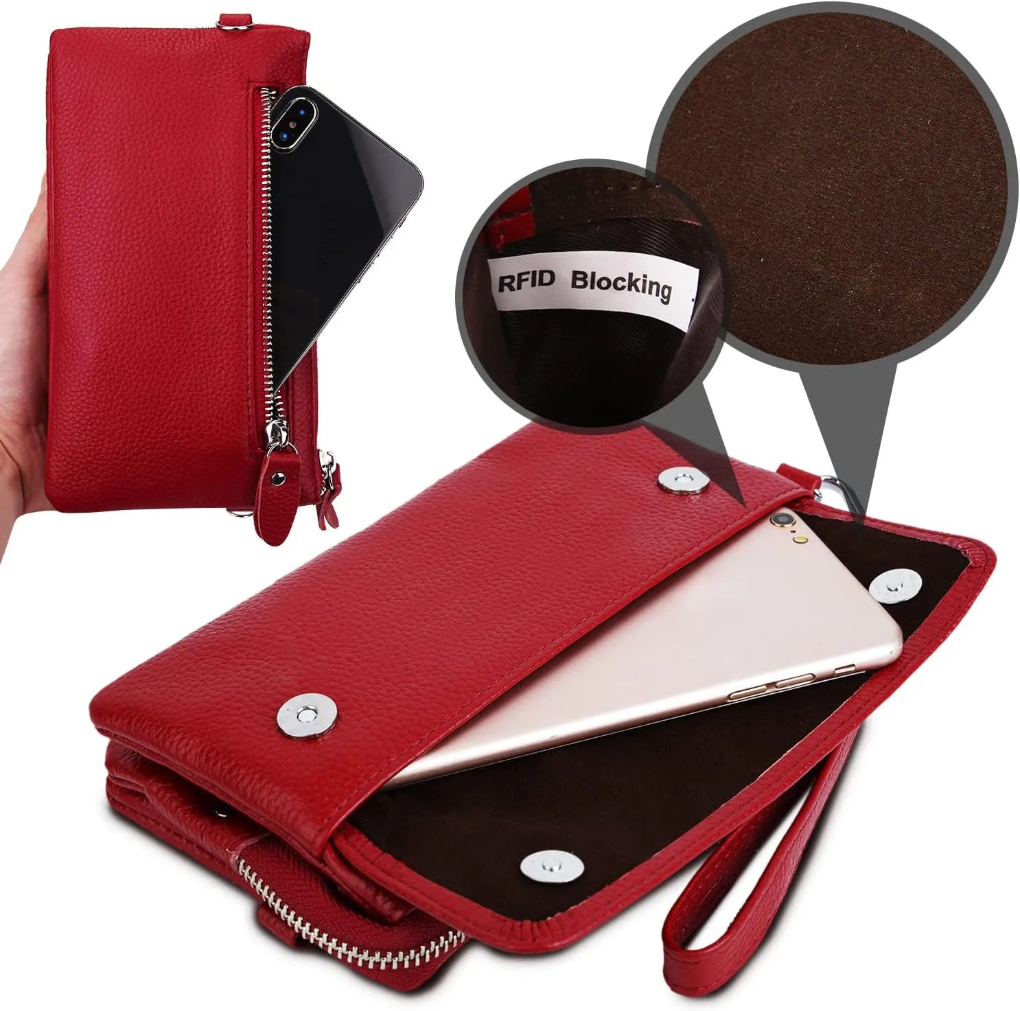YALUXE Real Leather Wristlet Clutch Handbag Crossbody Bag Cellphone Purse RFID Blocking