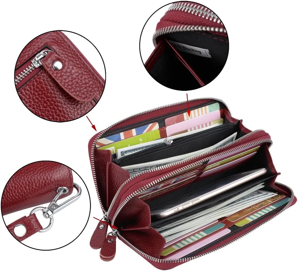 YALUXE Real Leather Zip Around Wallet RFID Blocking Wristlet Handbag Purse Clutch with Double Zipper Pockets