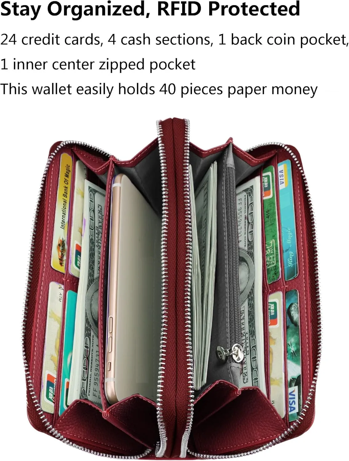 YALUXE Real Leather Zip Around Wallet RFID Blocking Wristlet Handbag Purse Clutch with Double Zipper Pockets