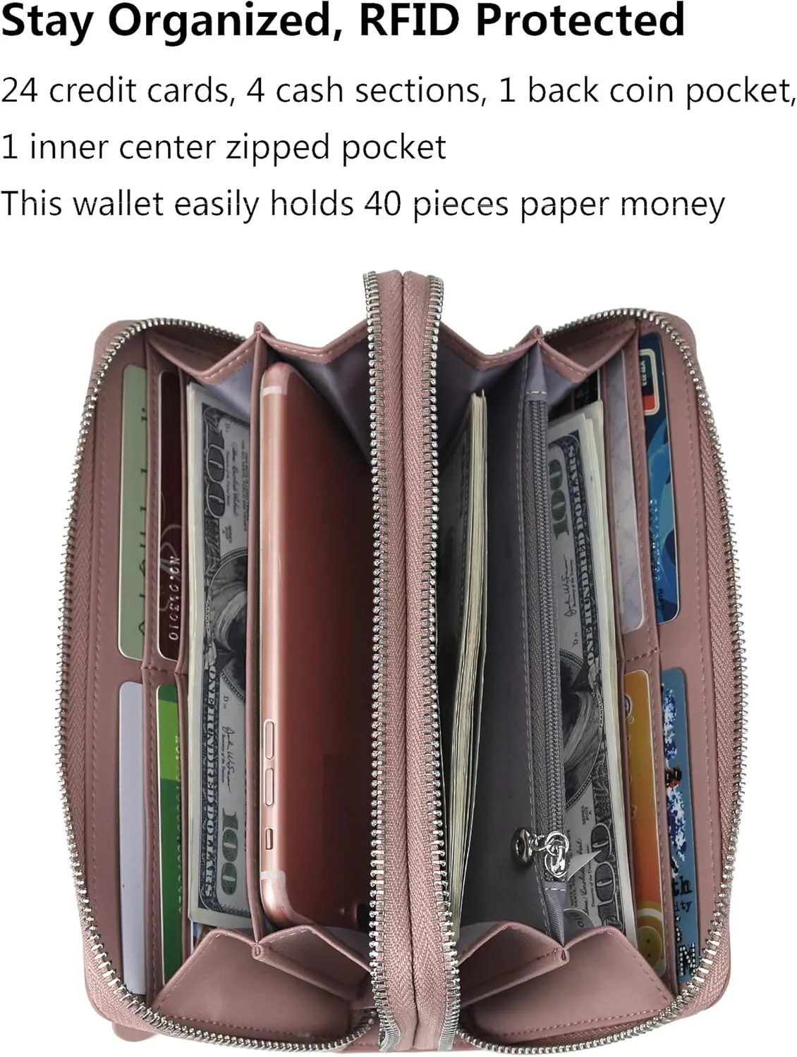 YALUXE Real Leather Zip Around Wallet RFID Blocking Wristlet Handbag Purse Clutch with Double Zipper Pockets