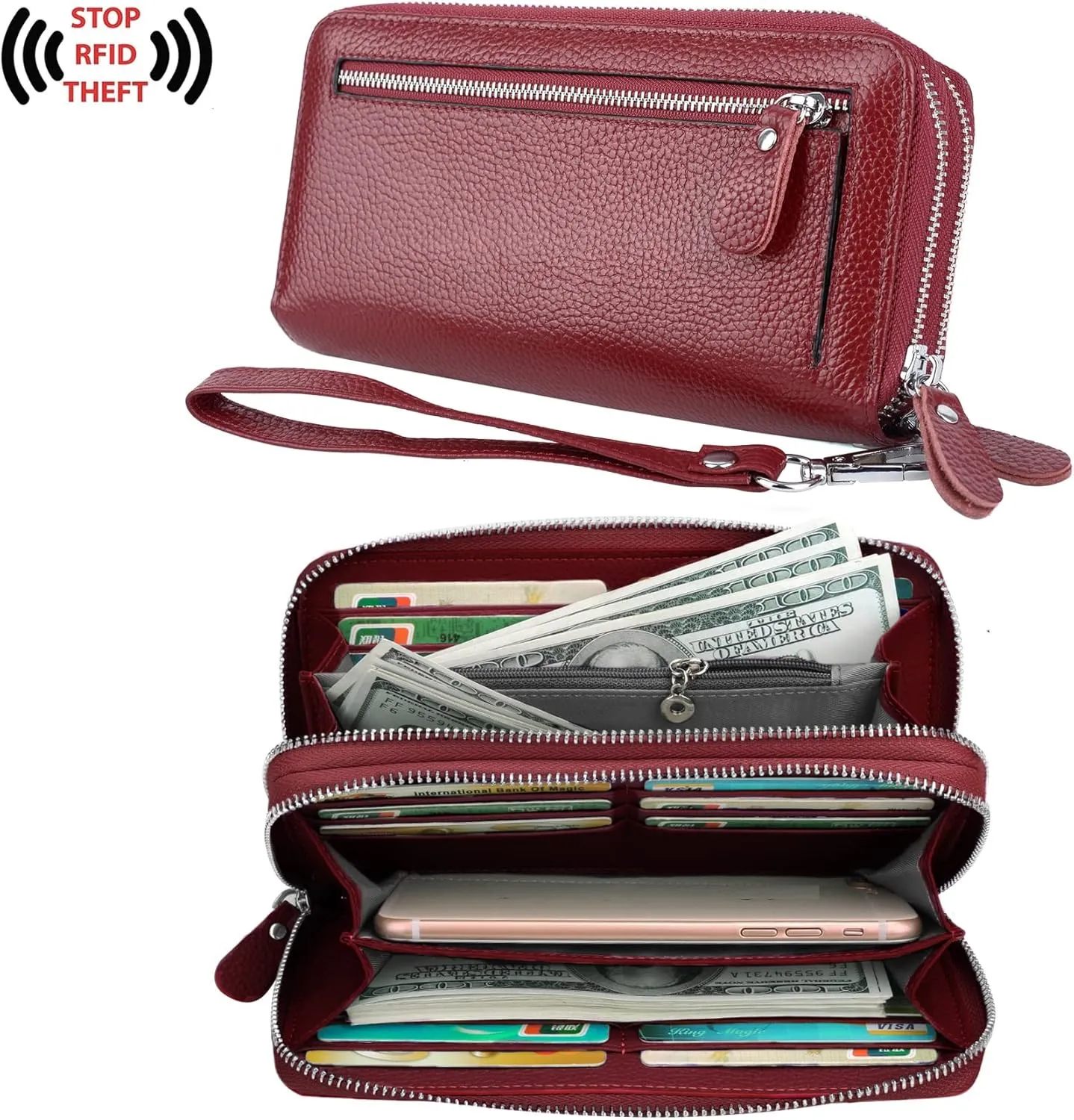 YALUXE Real Leather Zip Around Wallet RFID Blocking Wristlet Handbag Purse Clutch with Double Zipper Pockets