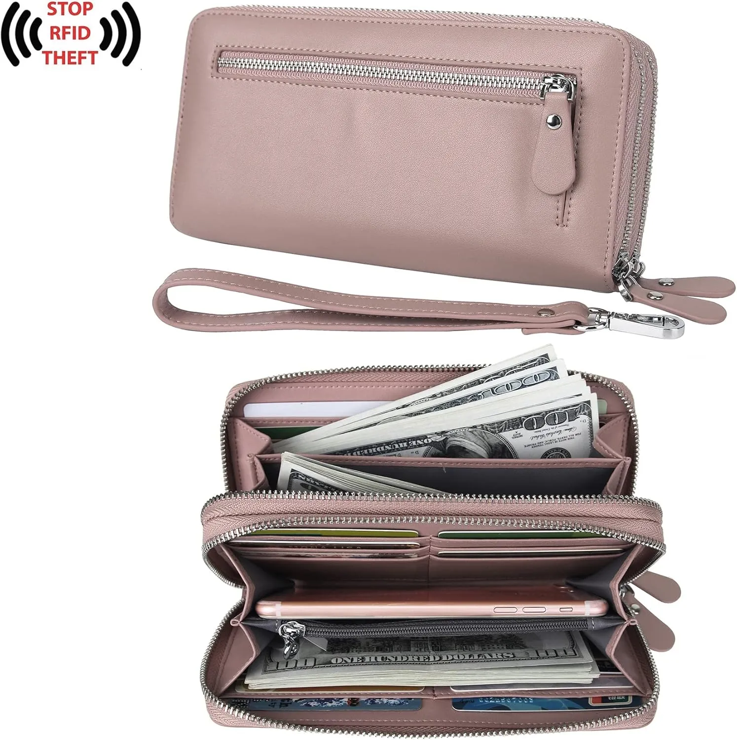 YALUXE Real Leather Zip Around Wallet RFID Blocking Wristlet Handbag Purse Clutch with Double Zipper Pockets