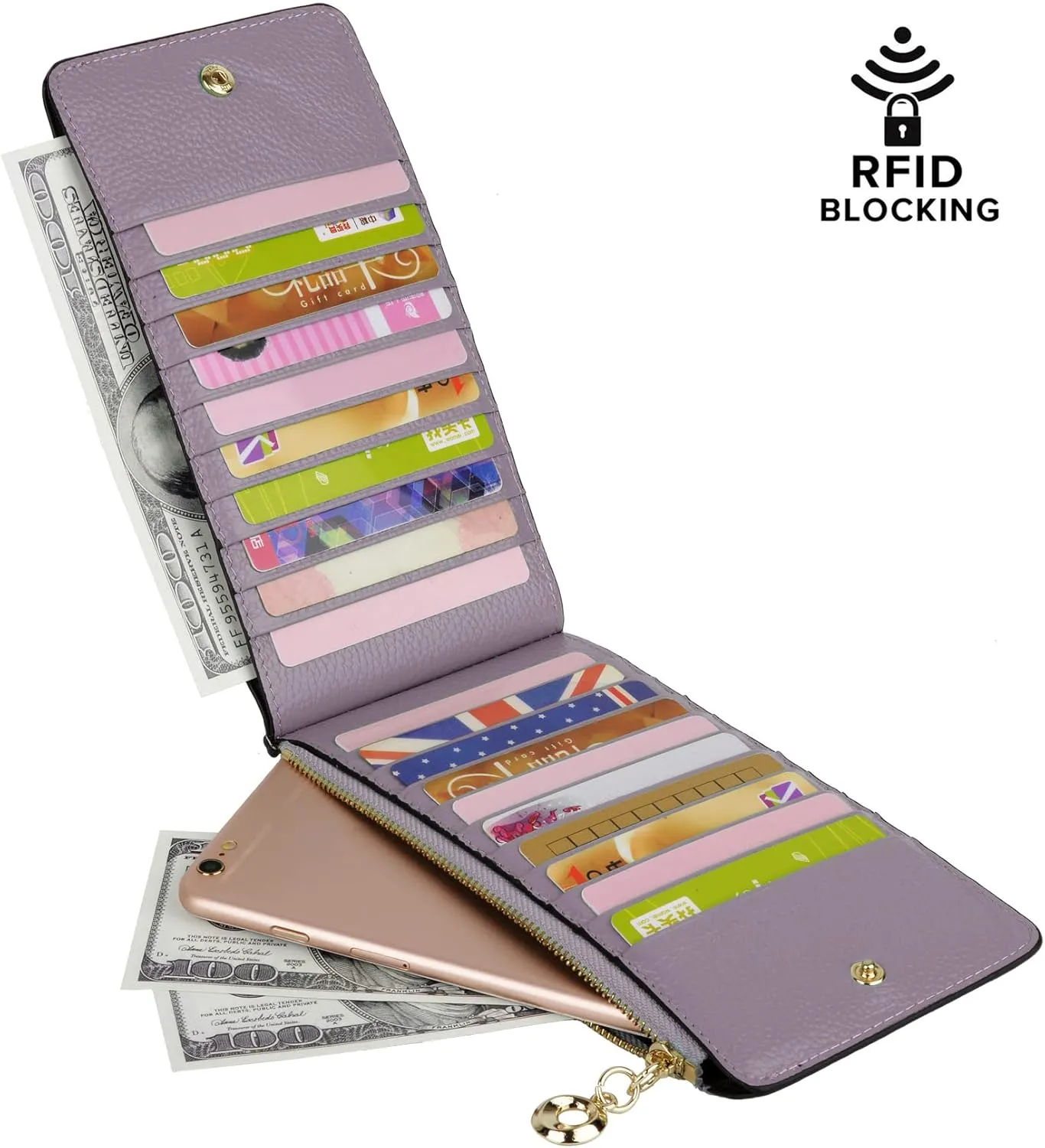 YALUXE Women's Genuine Leather Wallet RFID Blocking Multi Card Organizer with Cell Phone Pocket Zipper Closure