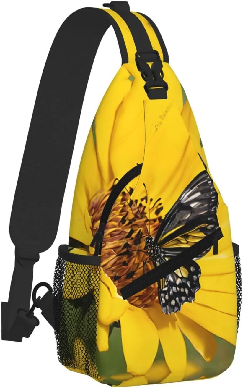 Yellow Sunflowers With Red Butterfly Print Cross Chest Bag Diagonally For Short-Distance Travel And Daily Use