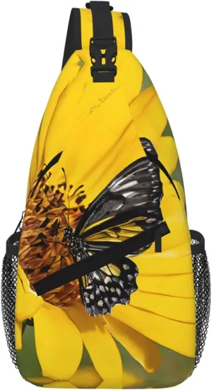 Yellow Sunflowers With Red Butterfly Print Cross Chest Bag Diagonally For Short-Distance Travel And Daily Use