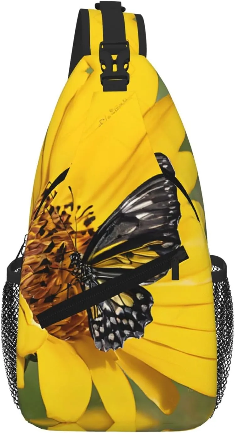 Yellow Sunflowers With Red Butterfly Print Cross Chest Bag Diagonally For Short-Distance Travel And Daily Use