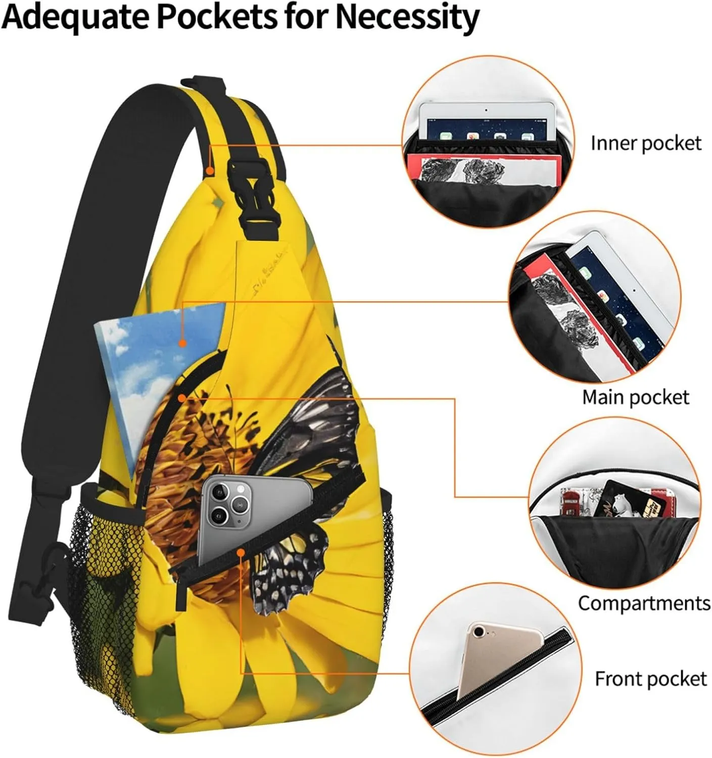 Yellow Sunflowers With Red Butterfly Print Cross Chest Bag Diagonally For Short-Distance Travel And Daily Use