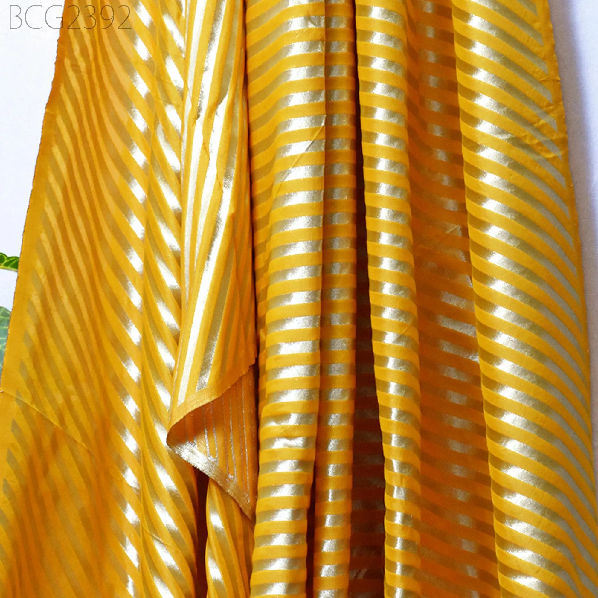 Yellow Wedding Dress Brocade by the yard Diagonal Stripes Indian Banarasi Saree Sewing Material Costume Crafting Drapery Cushions Blouses