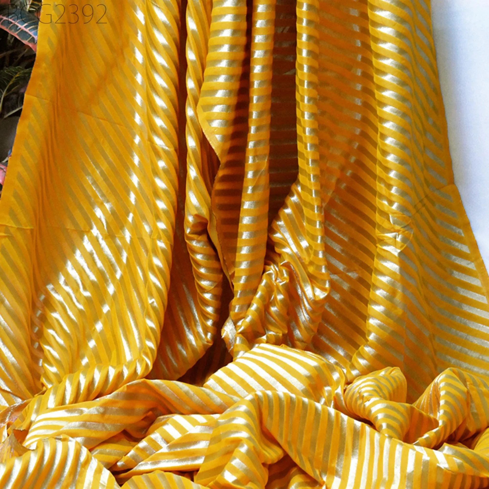 Yellow Wedding Dress Brocade by the yard Diagonal Stripes Indian Banarasi Saree Sewing Material Costume Crafting Drapery Cushions Blouses