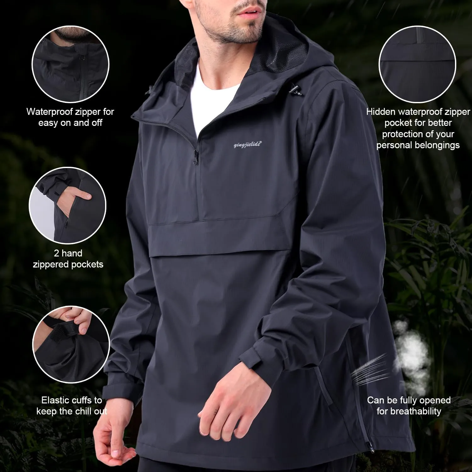 YINGJIELIDE Men's Waterproof Hooded Rain Jacket,Windproof Insulated Sailing Coat,Windbreaker Softshell Hoodie for Ski Hiking