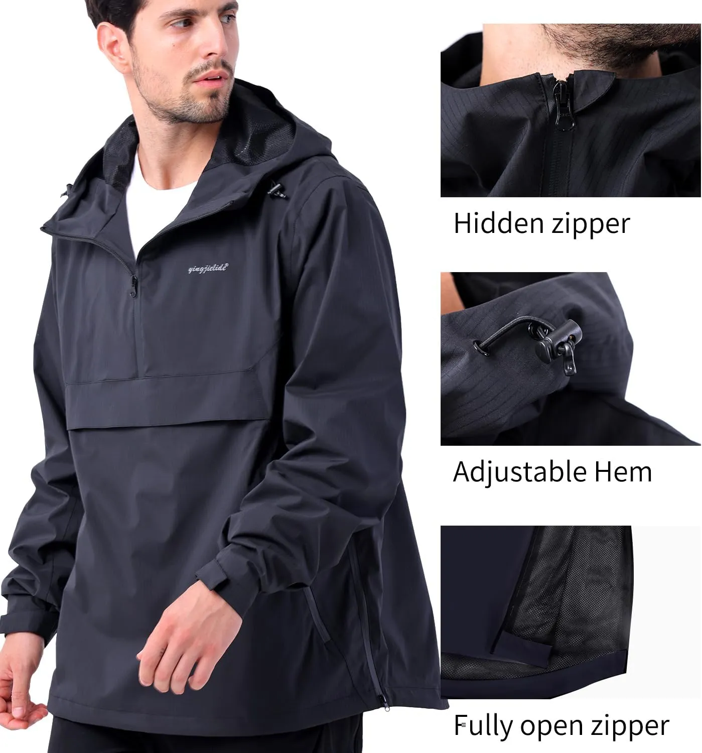 YINGJIELIDE Men's Waterproof Hooded Rain Jacket,Windproof Insulated Sailing Coat,Windbreaker Softshell Hoodie for Ski Hiking