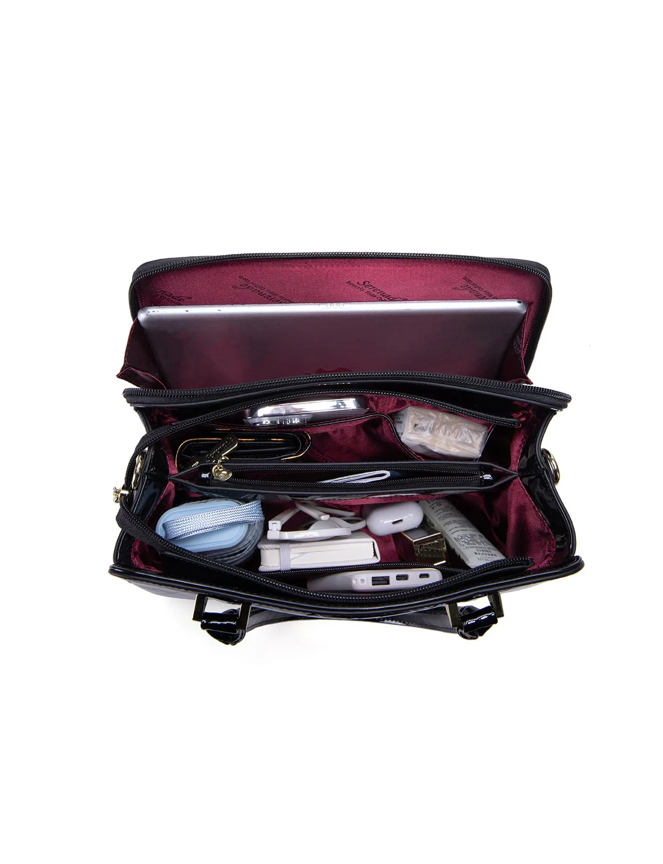 YOLANDA GRIP HANDLE LEATHER BAG- SF27-0343- NEW IN- DEEP PURPLE WITH BLACK TRIM