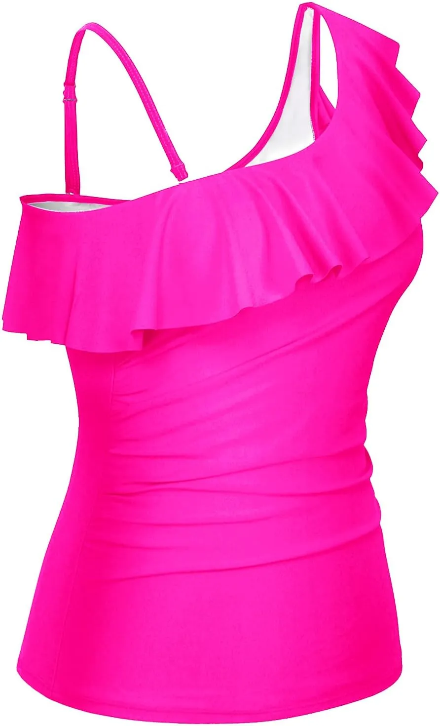 Yonique Womens One Shoulder Tankini Swim Tops Ruffle Bathing Suit Tops No Bottoms