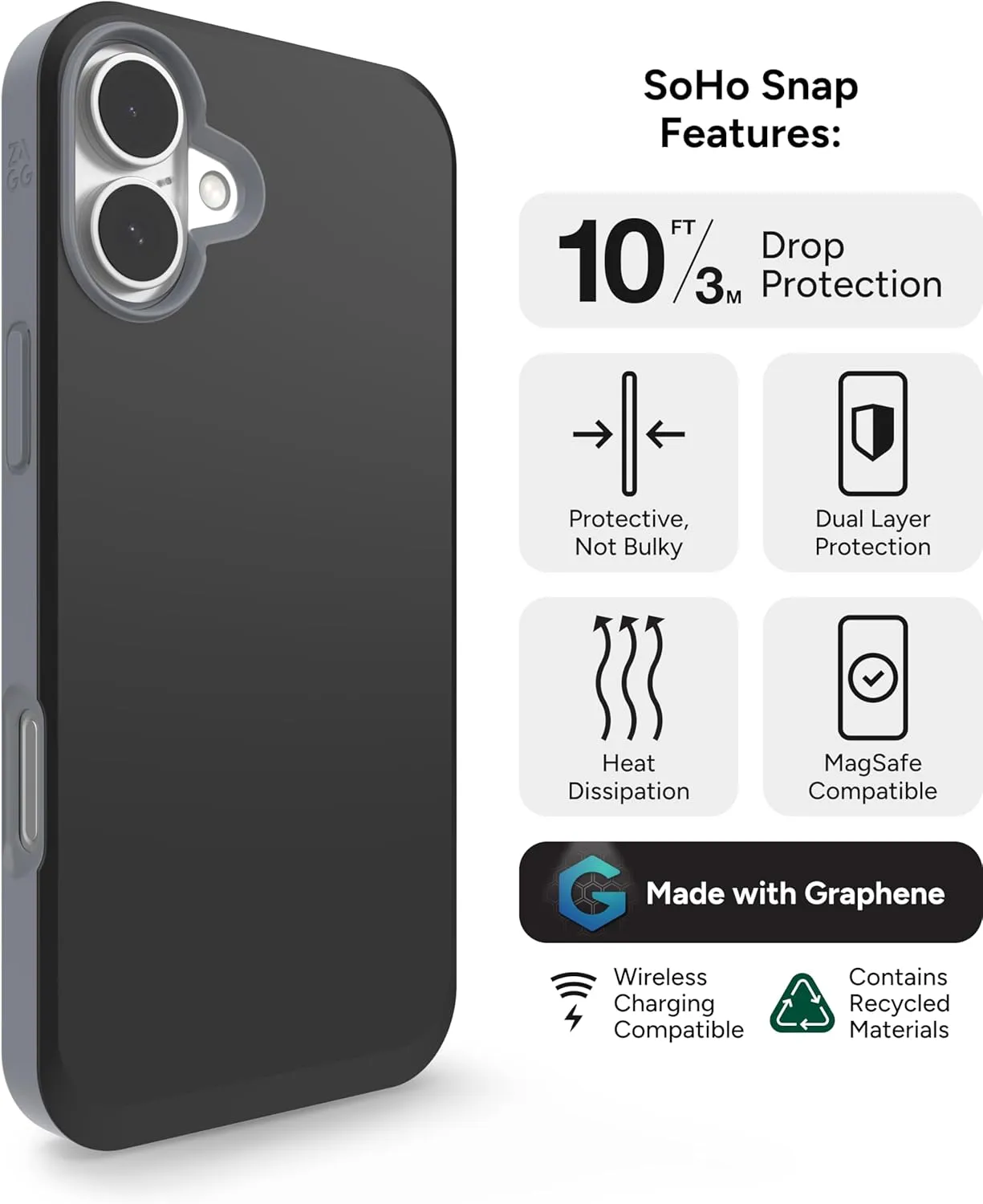 ZAGG SoHo Snap Case for iPhone 16 Plus - MagSafe Compatible, 10ft Drop Protection, Graphene-Infused, Wireless Charging, Eco-Friendly, Two-Tone Design, Black
