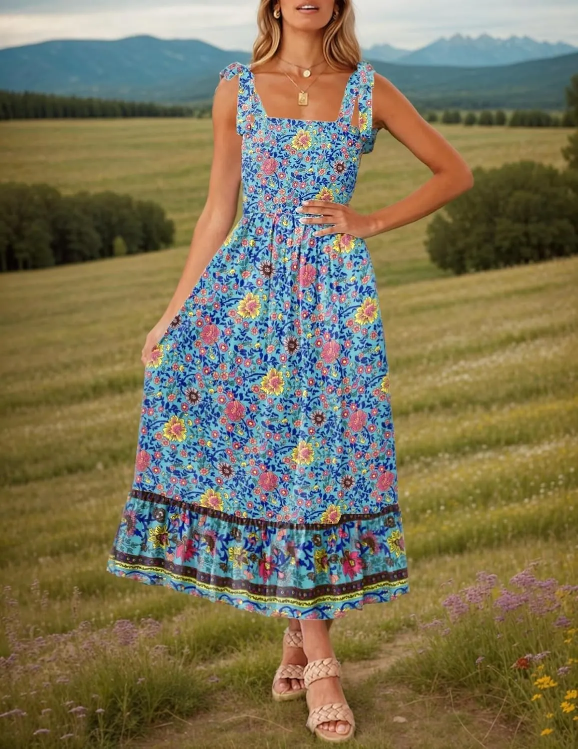 Zeagoo Women Summer Maxi Dress with Pockets 2025 Spaghetti Strap Sundress Casual Flowy Boho Dress Floral Tiered Beach Dress