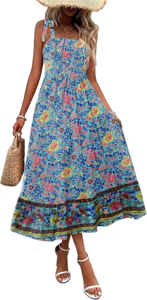 Zeagoo Women Summer Maxi Dress with Pockets 2025 Spaghetti Strap Sundress Casual Flowy Boho Dress Floral Tiered Beach Dress