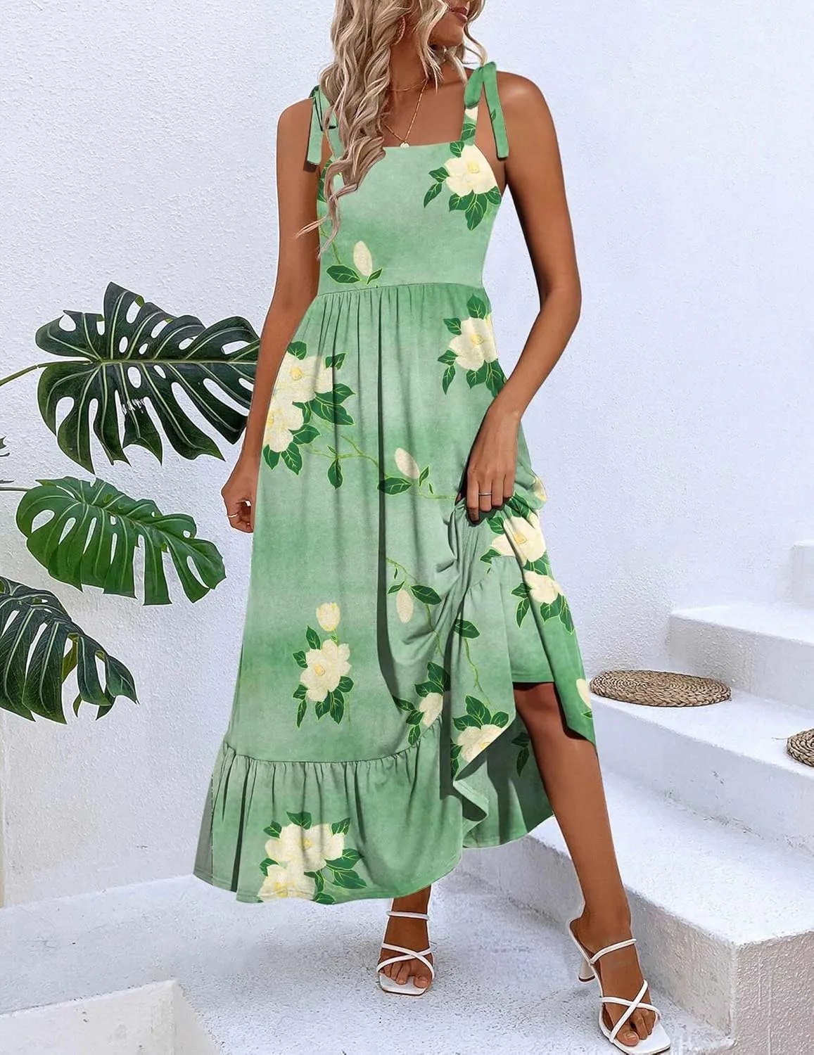 Zeagoo Women Summer Maxi Dress with Pockets 2025 Spaghetti Strap Sundress Casual Flowy Boho Dress Floral Tiered Beach Dress