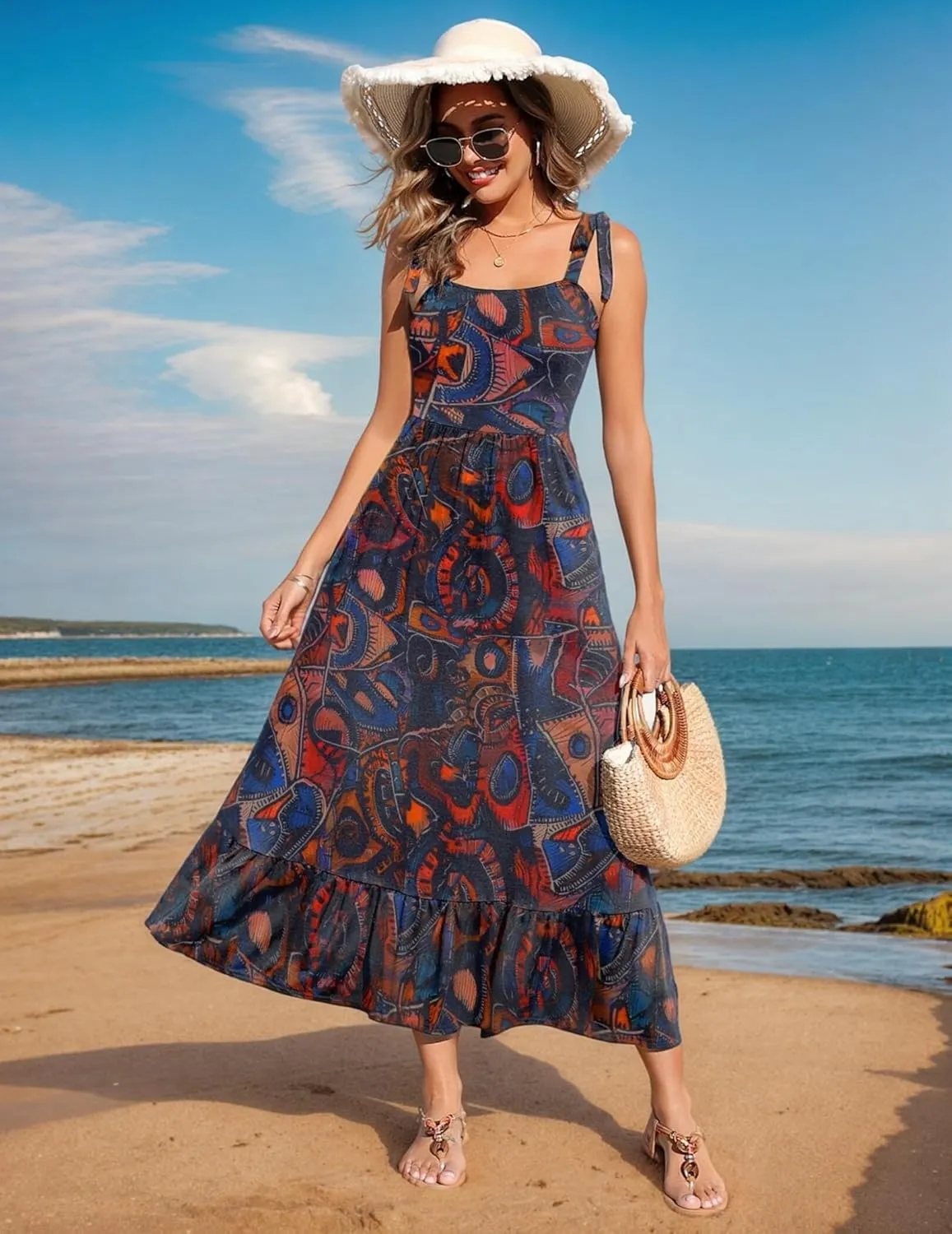 Zeagoo Women Summer Maxi Dress with Pockets 2025 Spaghetti Strap Sundress Casual Flowy Boho Dress Floral Tiered Beach Dress