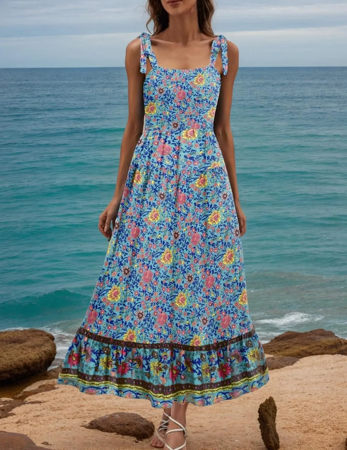 Zeagoo Women Summer Maxi Dress with Pockets 2025 Spaghetti Strap Sundress Casual Flowy Boho Dress Floral Tiered Beach Dress