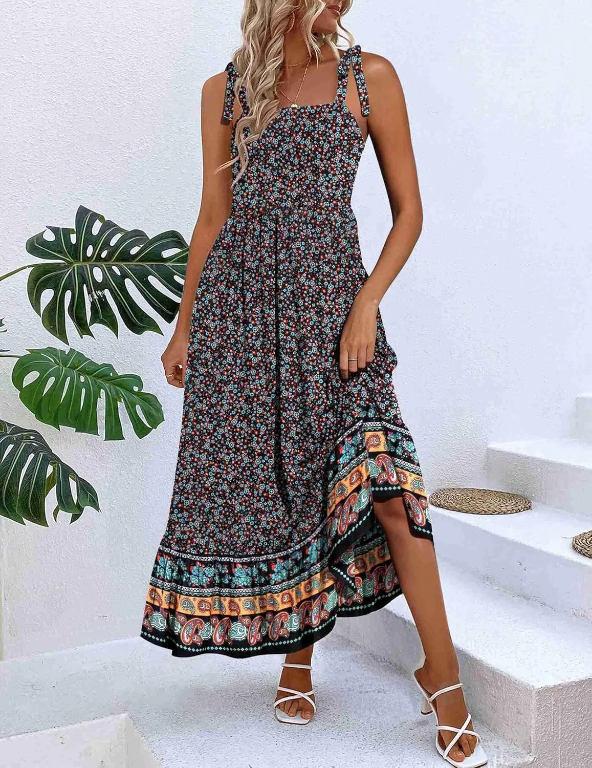 Zeagoo Women Summer Maxi Dress with Pockets 2025 Spaghetti Strap Sundress Casual Flowy Boho Dress Floral Tiered Beach Dress