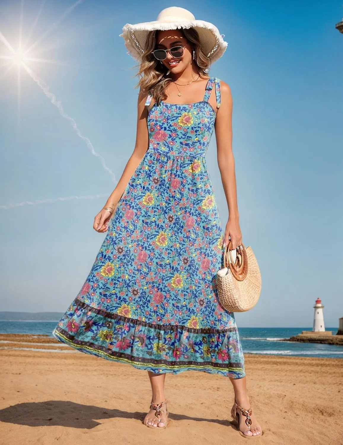 Zeagoo Women Summer Maxi Dress with Pockets 2025 Spaghetti Strap Sundress Casual Flowy Boho Dress Floral Tiered Beach Dress