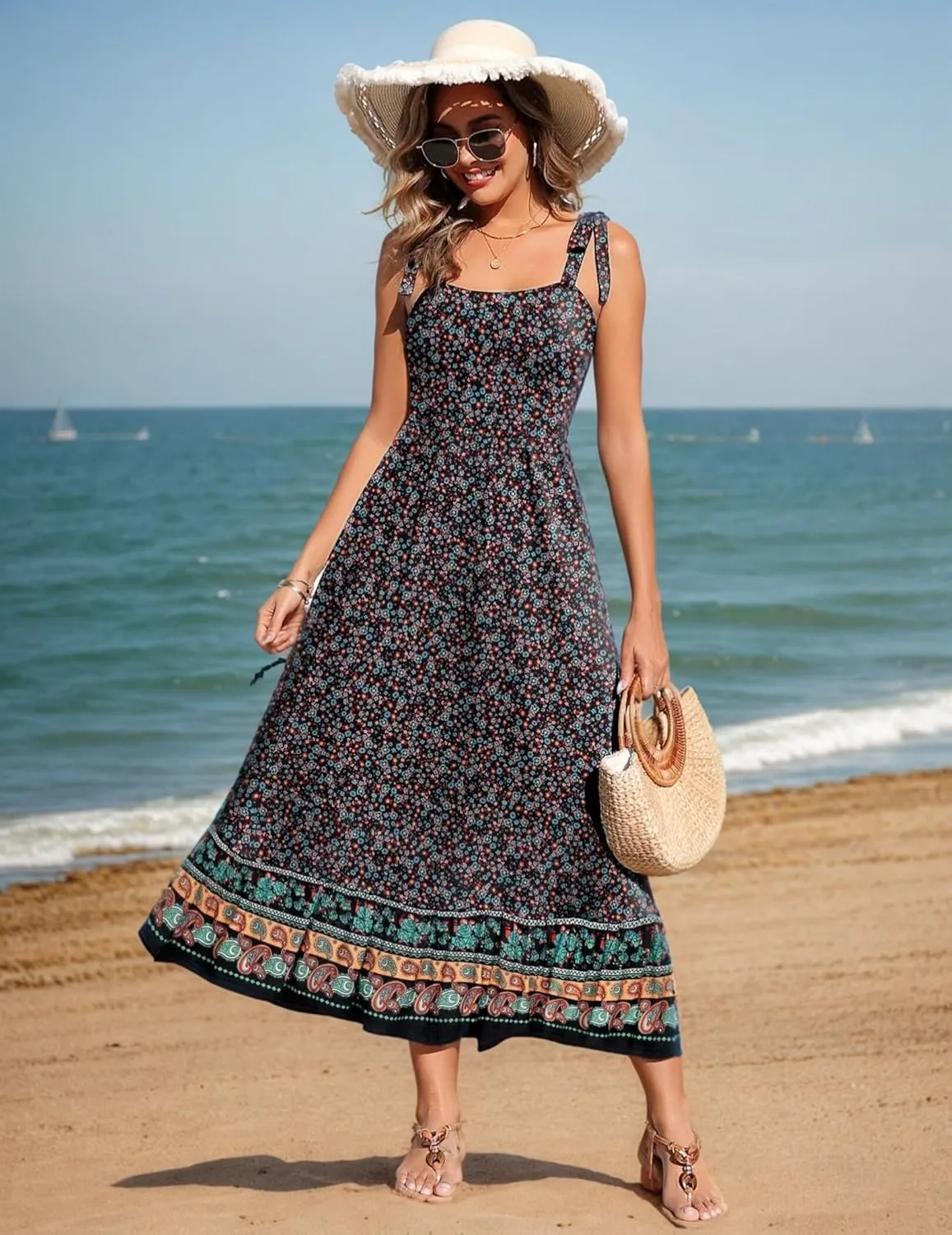 Zeagoo Women Summer Maxi Dress with Pockets 2025 Spaghetti Strap Sundress Casual Flowy Boho Dress Floral Tiered Beach Dress