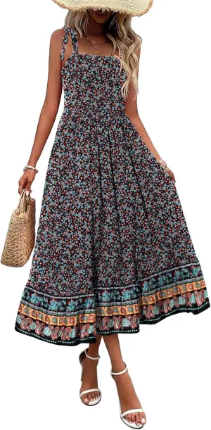 Zeagoo Women Summer Maxi Dress with Pockets 2025 Spaghetti Strap Sundress Casual Flowy Boho Dress Floral Tiered Beach Dress