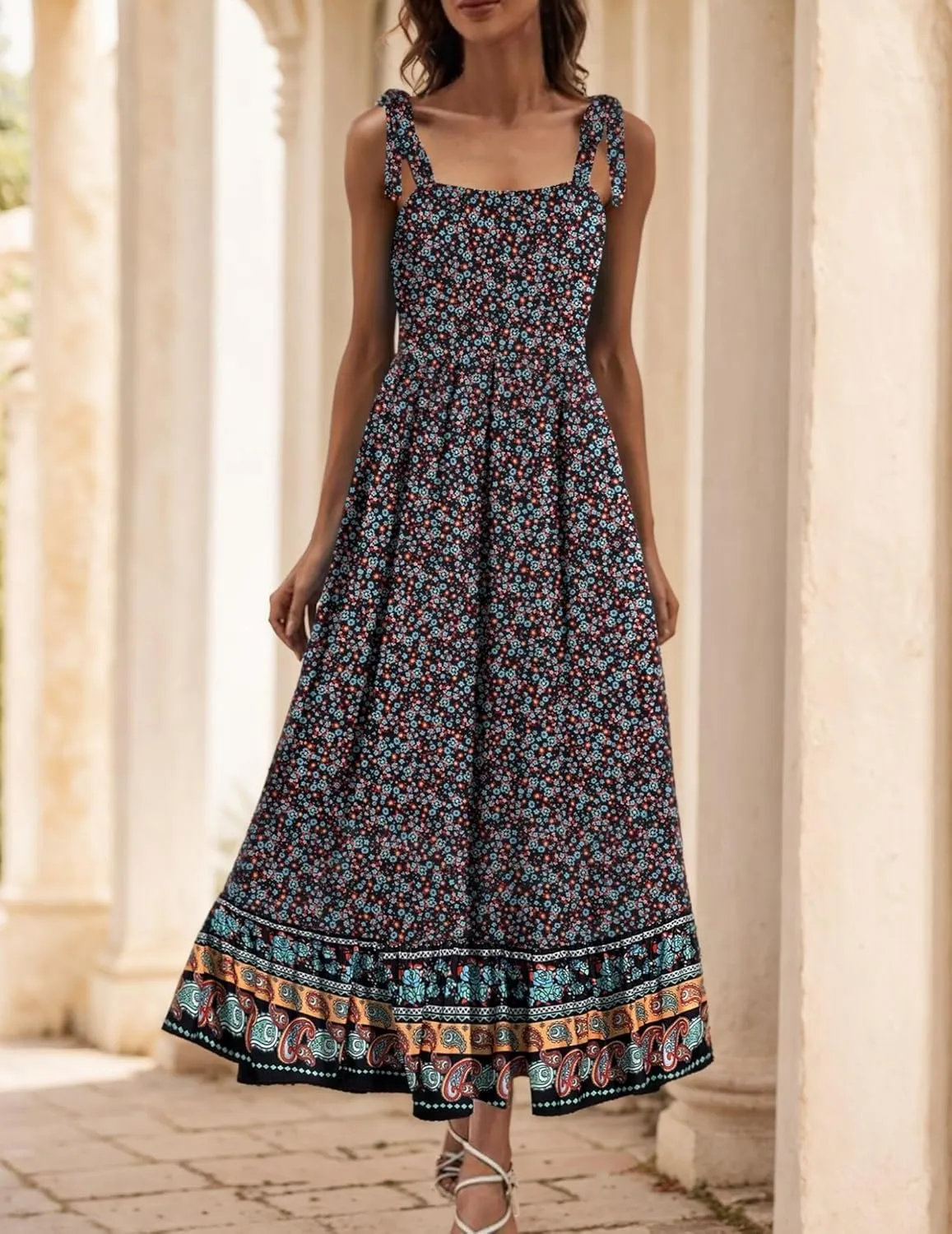 Zeagoo Women Summer Maxi Dress with Pockets 2025 Spaghetti Strap Sundress Casual Flowy Boho Dress Floral Tiered Beach Dress