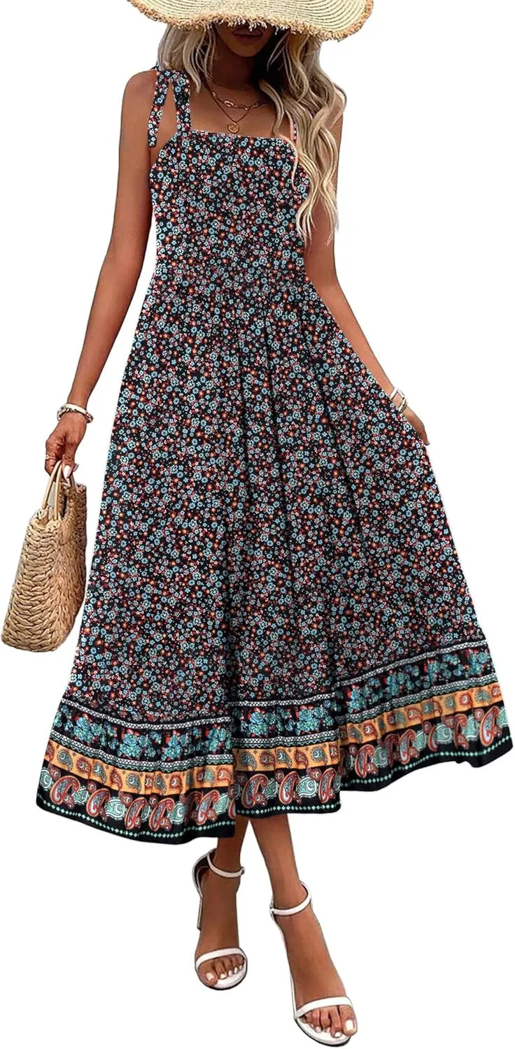 Zeagoo Women Summer Maxi Dress with Pockets 2025 Spaghetti Strap Sundress Casual Flowy Boho Dress Floral Tiered Beach Dress