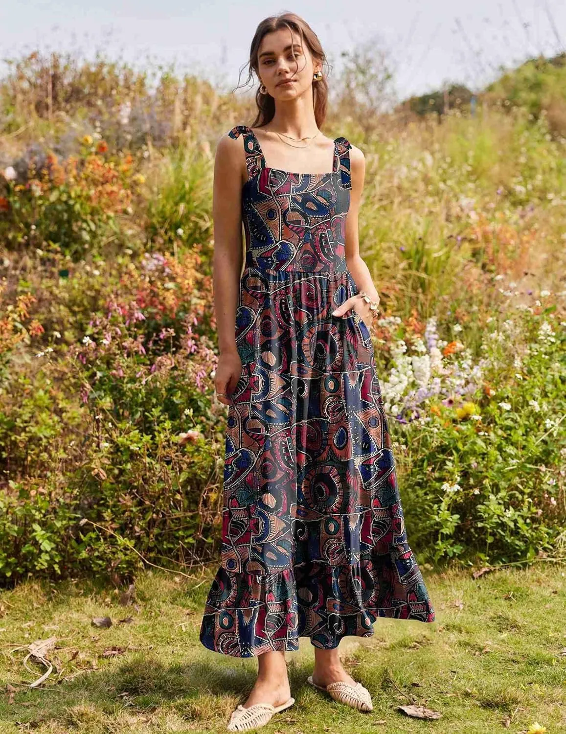 Zeagoo Women Summer Maxi Dress with Pockets 2025 Spaghetti Strap Sundress Casual Flowy Boho Dress Floral Tiered Beach Dress