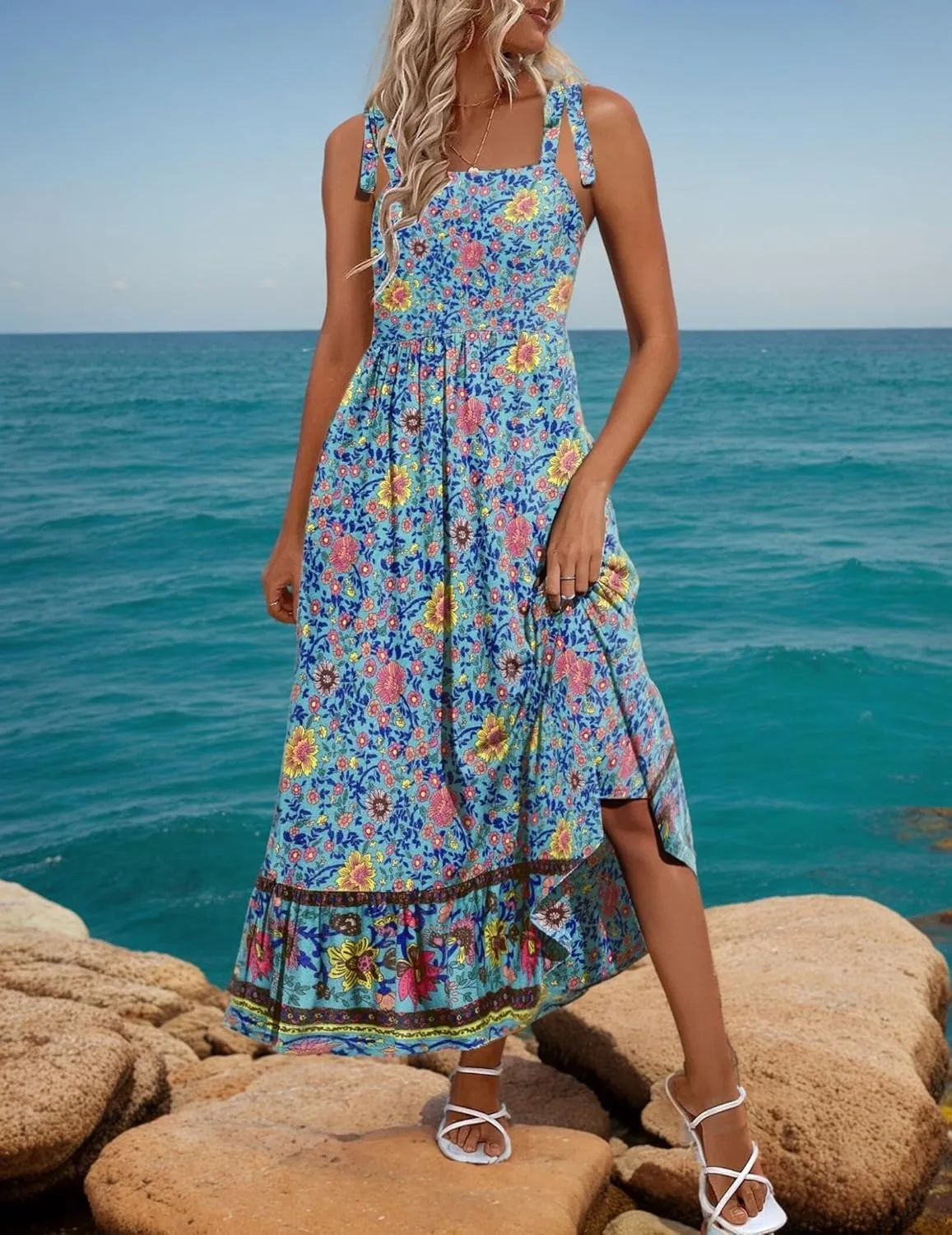 Zeagoo Women Summer Maxi Dress with Pockets 2025 Spaghetti Strap Sundress Casual Flowy Boho Dress Floral Tiered Beach Dress