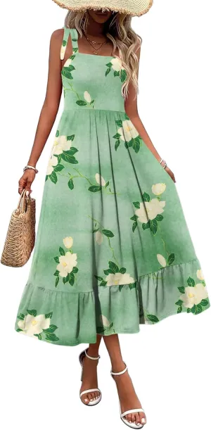 Zeagoo Women Summer Maxi Dress with Pockets 2025 Spaghetti Strap Sundress Casual Flowy Boho Dress Floral Tiered Beach Dress