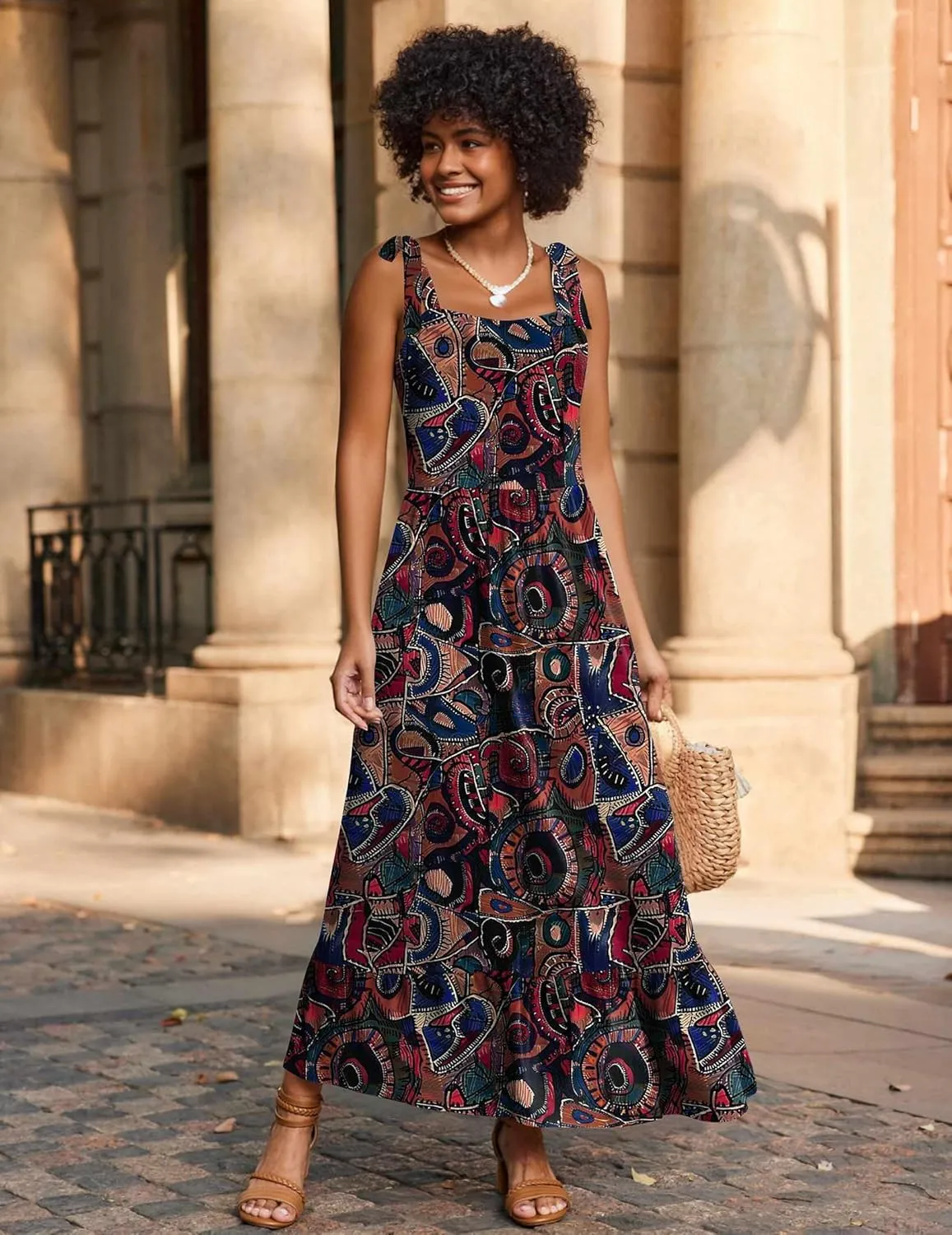 Zeagoo Women Summer Maxi Dress with Pockets 2025 Spaghetti Strap Sundress Casual Flowy Boho Dress Floral Tiered Beach Dress