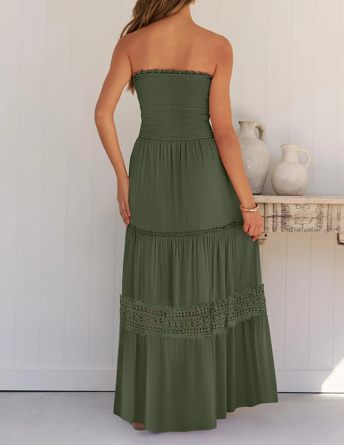 ZESICA Women's 2025 Summer Bohemian Strapless Off Shoulder Lace Trim Backless Flowy A Line Beach Long Maxi Dress