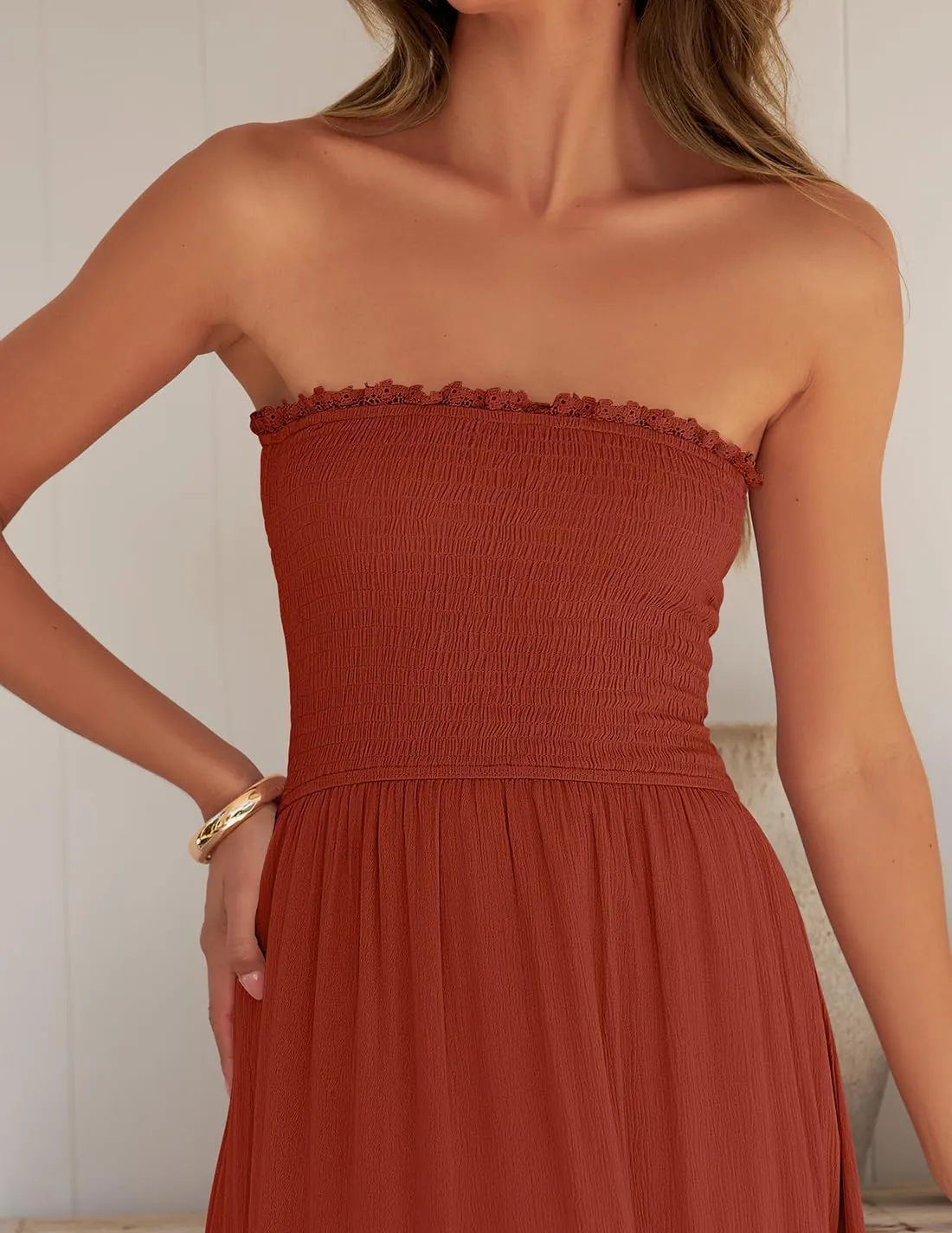 ZESICA Women's 2025 Summer Bohemian Strapless Off Shoulder Lace Trim Backless Flowy A Line Beach Long Maxi Dress