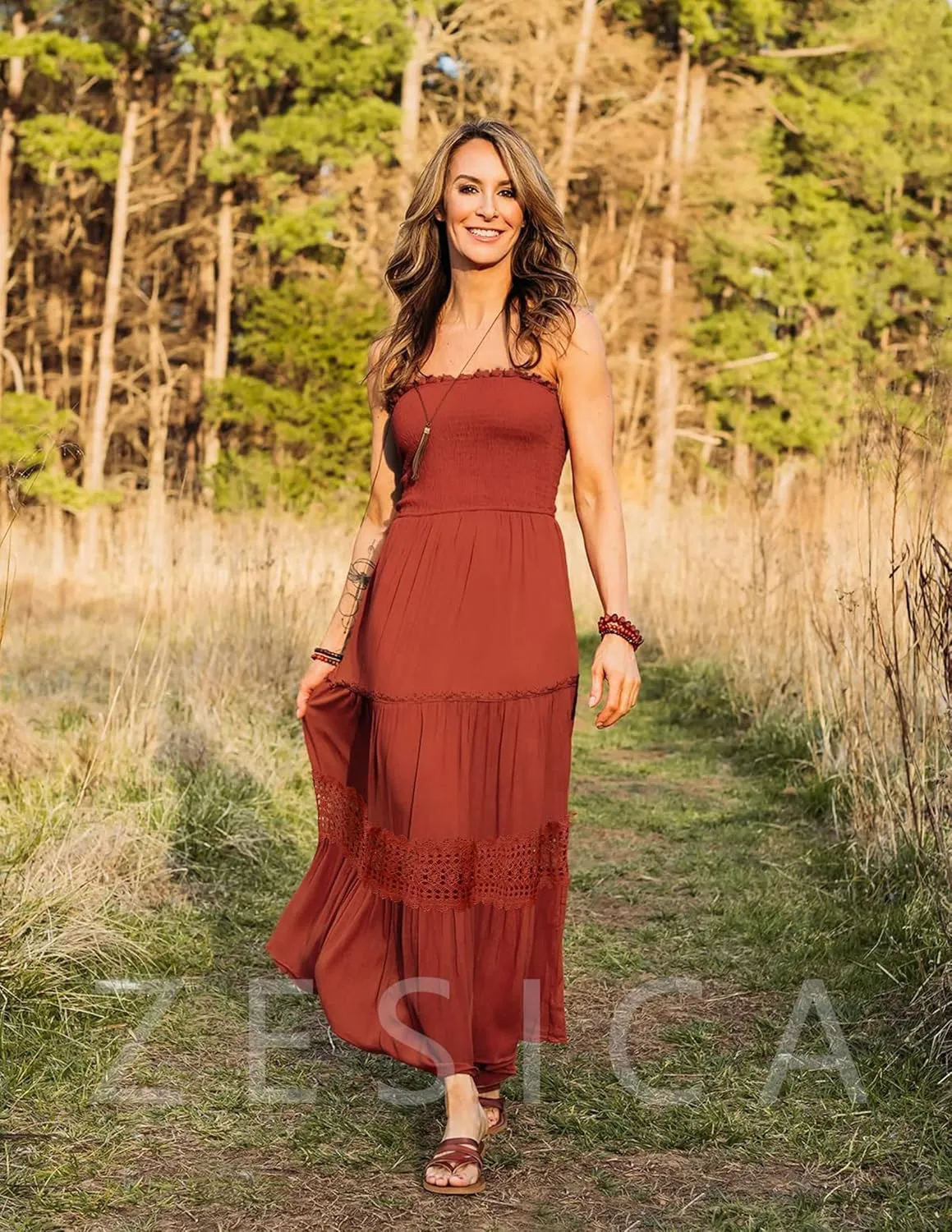 ZESICA Women's 2025 Summer Bohemian Strapless Off Shoulder Lace Trim Backless Flowy A Line Beach Long Maxi Dress