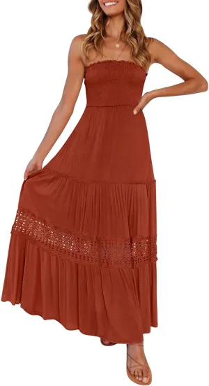 ZESICA Women's 2025 Summer Bohemian Strapless Off Shoulder Lace Trim Backless Flowy A Line Beach Long Maxi Dress