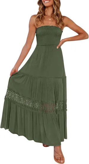 ZESICA Women's 2025 Summer Bohemian Strapless Off Shoulder Lace Trim Backless Flowy A Line Beach Long Maxi Dress