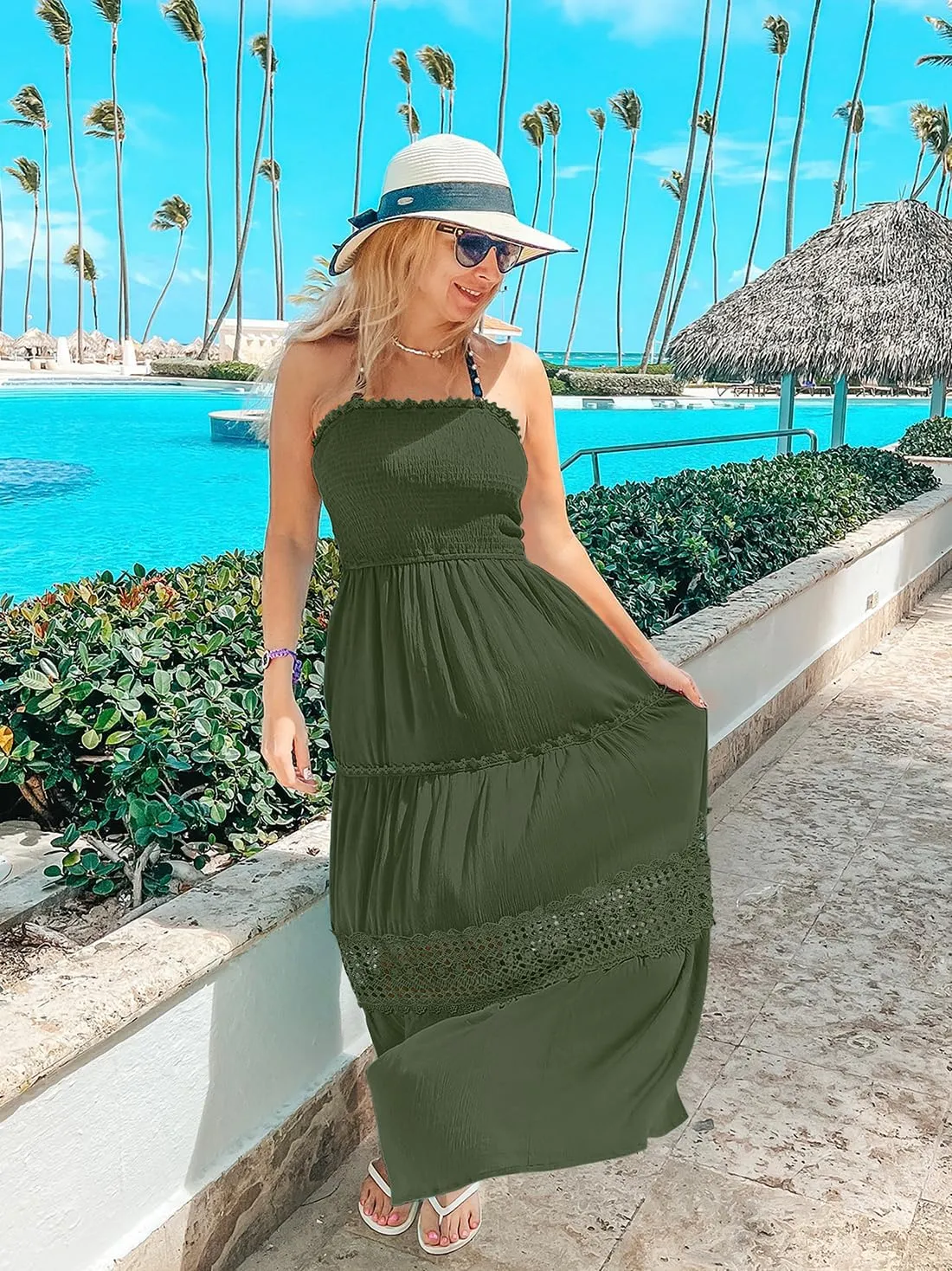 ZESICA Women's 2025 Summer Bohemian Strapless Off Shoulder Lace Trim Backless Flowy A Line Beach Long Maxi Dress