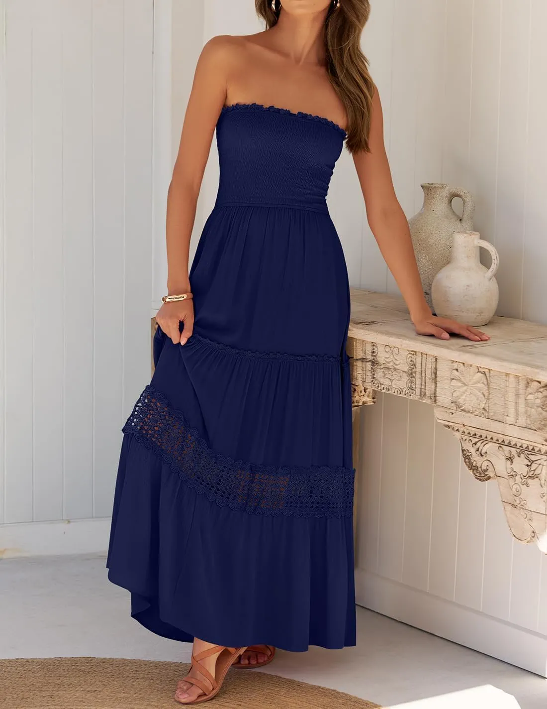 ZESICA Women's 2025 Summer Bohemian Strapless Off Shoulder Lace Trim Backless Flowy A Line Beach Long Maxi Dress