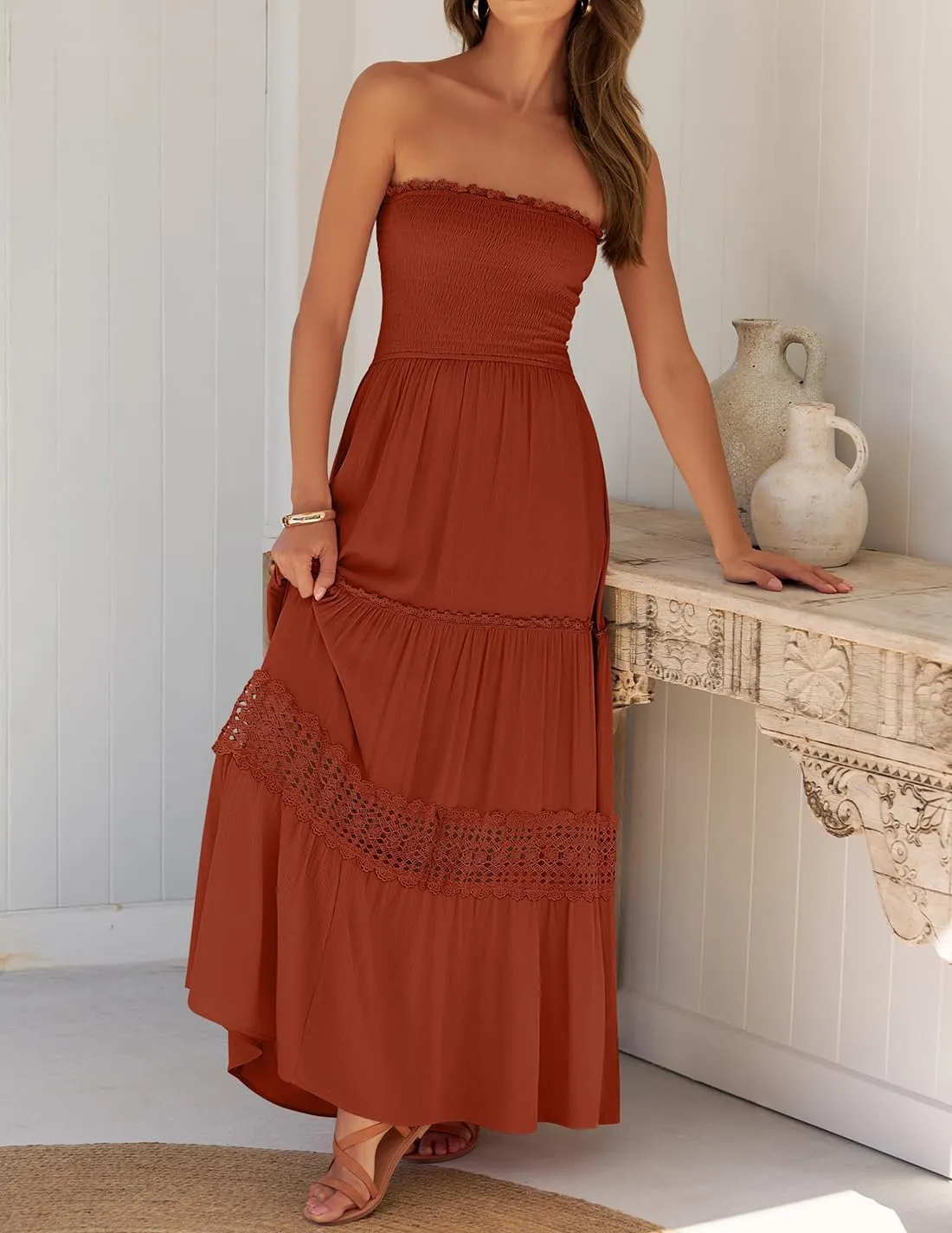 ZESICA Women's 2025 Summer Bohemian Strapless Off Shoulder Lace Trim Backless Flowy A Line Beach Long Maxi Dress