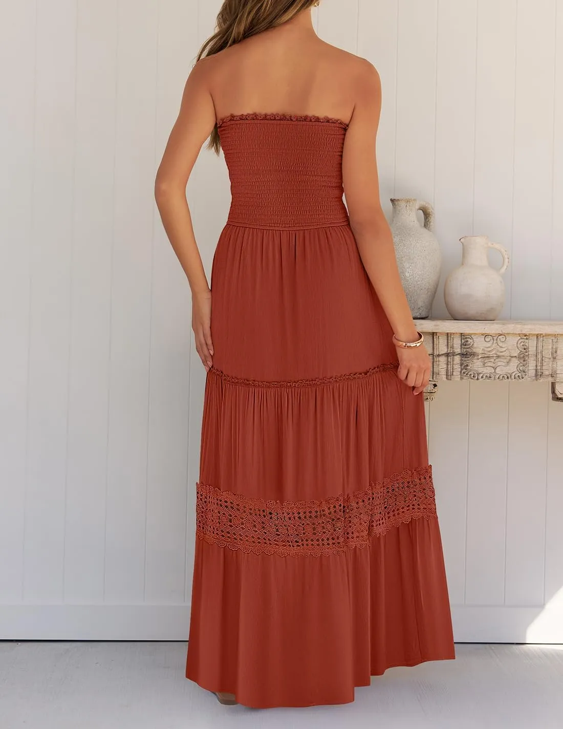 ZESICA Women's 2025 Summer Bohemian Strapless Off Shoulder Lace Trim Backless Flowy A Line Beach Long Maxi Dress