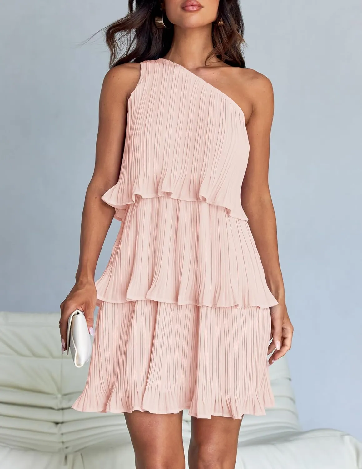 ZESICA Women's 2025 Summer Sleeveless Mini Dress Boho One Shoulder Ruffle Tiered Layered Chiffon Flowy A Line Dresses