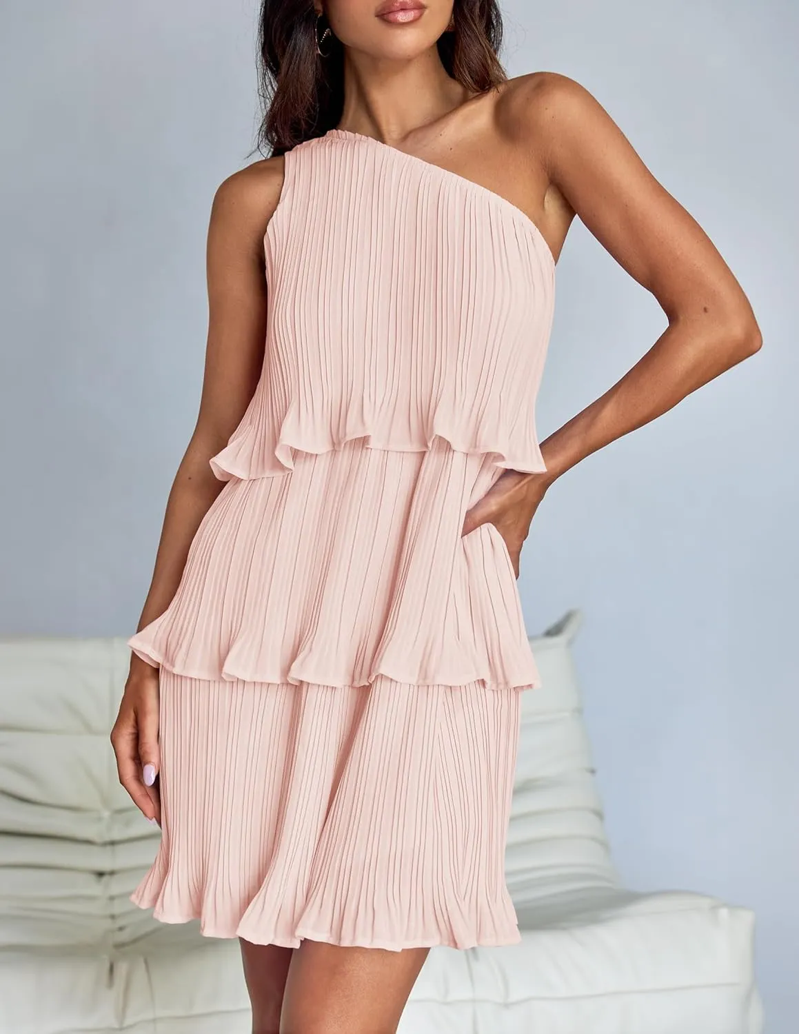 ZESICA Women's 2025 Summer Sleeveless Mini Dress Boho One Shoulder Ruffle Tiered Layered Chiffon Flowy A Line Dresses
