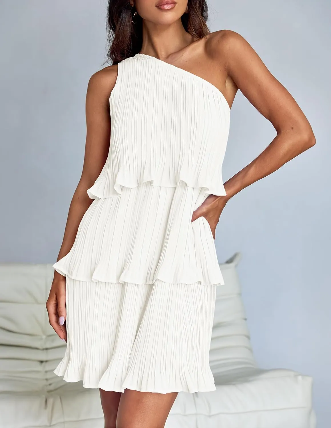 ZESICA Women's 2025 Summer Sleeveless Mini Dress Boho One Shoulder Ruffle Tiered Layered Chiffon Flowy A Line Dresses