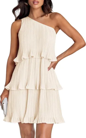 ZESICA Women's 2025 Summer Sleeveless Mini Dress Boho One Shoulder Ruffle Tiered Layered Chiffon Flowy A Line Dresses